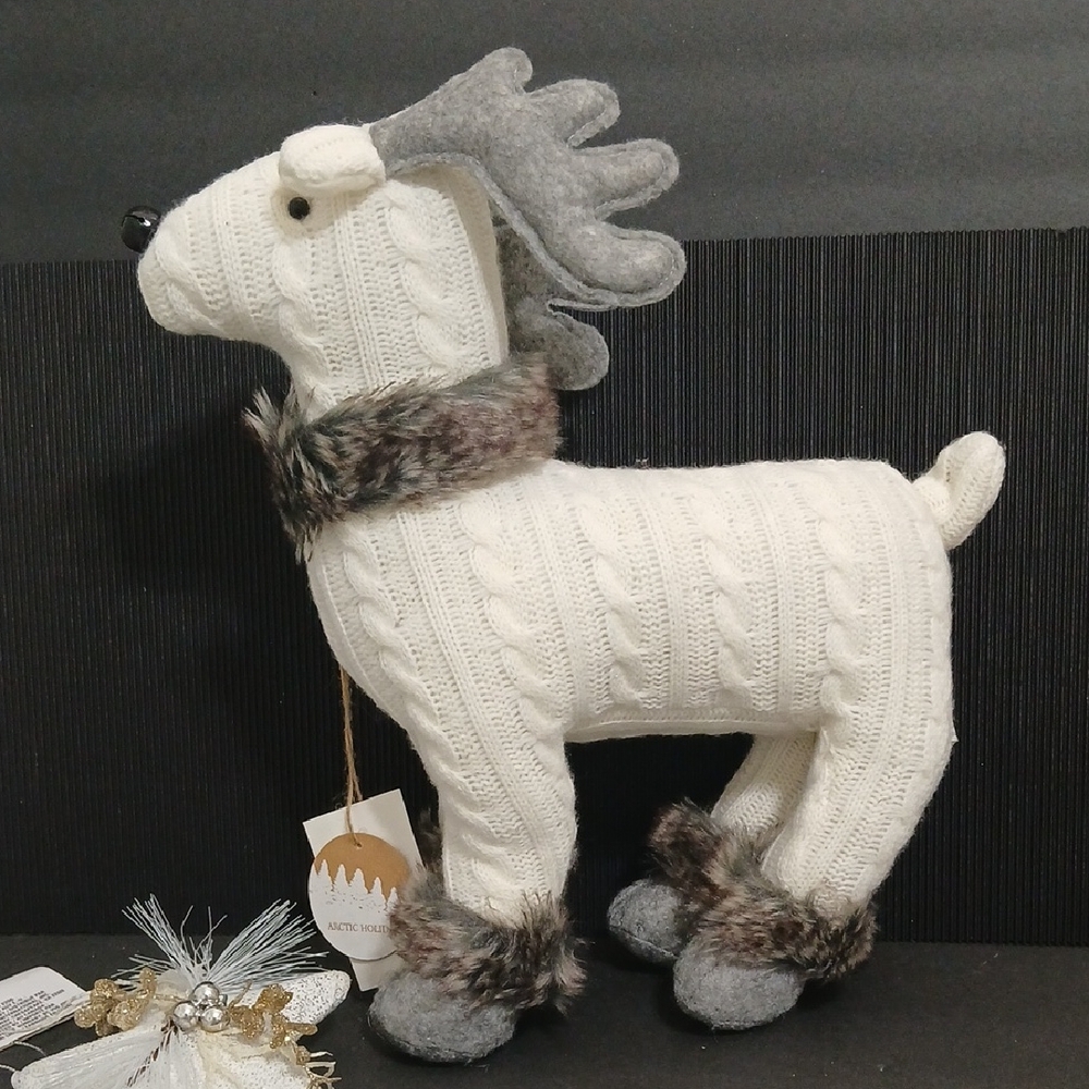 Artic Holiday Cozy White Knit Reindeer with Faux Fur & Felt Accents 13" NEW